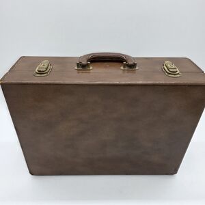 Vintage Brown Hard Case Suitcase 17x12 Distressed Brass Hardware Retro Luggage